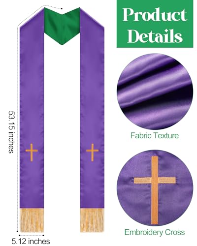 Eurzom 2 Pcs Reversible Clergy Stole with Cross Tassels - color: Green,purple