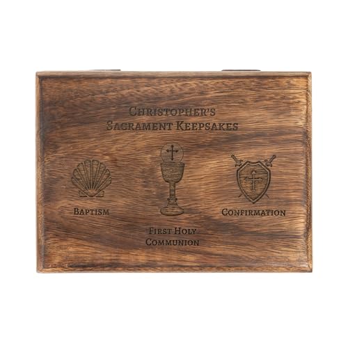 Personalized Sacraments Keepsake Box – Custom Engraved Wooden Memory Box for Baptism, First Communion & Confirmation – Customized Catholic Gift for Boys & Girls