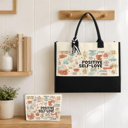 jeilink Inspirational Religious Gifts Boss Mom Birthday Christmas Tote Bag Canvas Reusable Grocery Beach Tote Black Pink - color: Positive Self Love 1714
