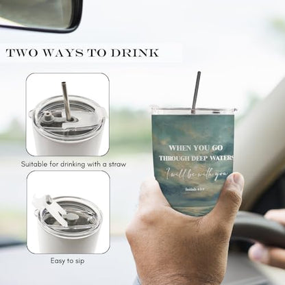 Christian Ocean Beach 20oz Travel Coffee Mug Tumbler, Christian Gifts, When You Go Through Deep Waters I Will Be with You Bible Verse Stainless Steel Tumbler with Lid and Straw - color: Deepwater A