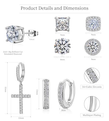 6 Pairs 14K Gold Plated Earrings Set for Women Men Hypoallergenic Cubic Zirconia Stud Hoop Dangle Cross Earrings - color: Silver