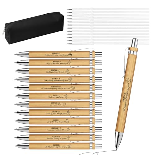 Bible Verse Pens 25 Pcs with 12 Christian Pens & 12 Refills & 1 Black Pen Pouch Bamboo Retractable Ballpoint Pens Inspirational Quote Pen Religious Gifts for Men Women - color: Deep Black