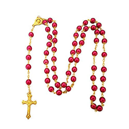 Rosary Beads Catholic for Women Girls, First Holy Communion Rosary Gifts for Girls Catholic, Gold White Rosary Necklace for Women Imitation Pearl Beads Necklace Rosarios Catolicos - color: Red