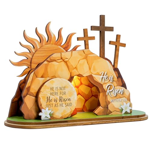 Empty Tomb Easter Scene, Wooden Resurrection Decorations with Cross, He Is Risen Decor, Easter Gifts and Table Decor, Christian and Religious Easter Decorations - color: Empty tomb