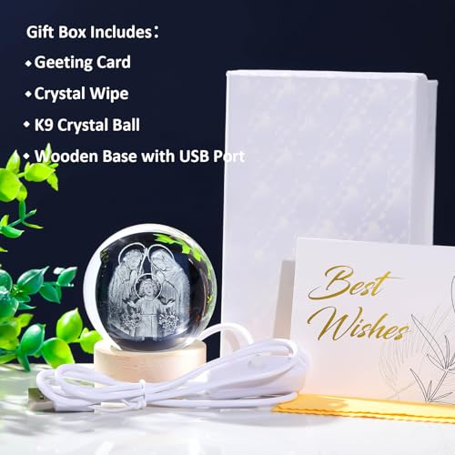 Arikyrist 3D Engraved Crystal Jesus Holy Family Statue Figurine, 3D Crystal Ball Holy Family Statue Catholic with Wooden Base, Crystal Praying Hands with Jesus Christian Religious Easter Gifts - color: 3d Holy Family