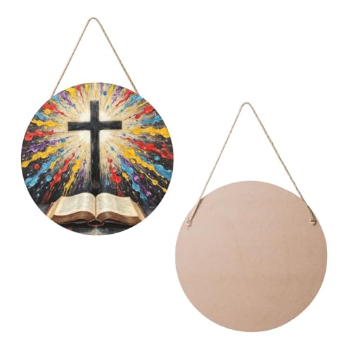 Door Sign Round Wooden Hanging Plaque With Rope Cross And Open Bible With Light Burst 12 X 12 Inch Rustic Welcome Wall Decor For Porch Entryway Farmhouse Home