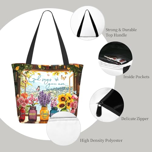 Bible Tote Bags for Women Christian Tote Bag Church Shoulder Bag Inspirational Bags With Zipper Christian Gift - color: God Says You Are