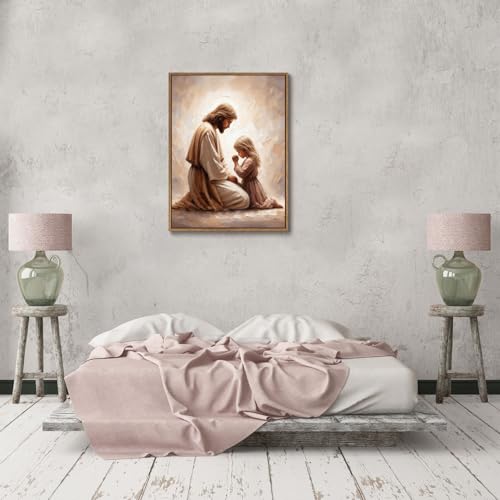 KISSFOX Jesus Praying with Girl Wall Art Christian Canvas Prints - color: Jesus And Praying Girl, size: 12"x16" Natural
