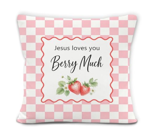 Pink Preppy Checkered Christian Strawberry Pillow Cover 18x18 Decor - color: Berry