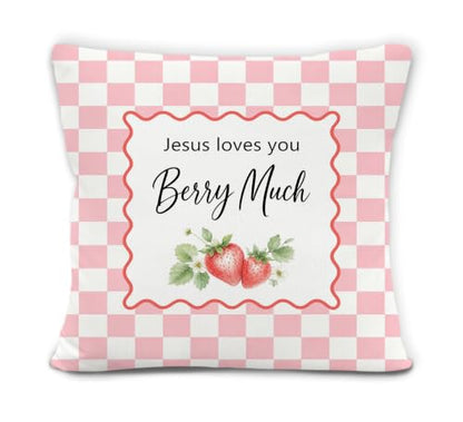 Pink Preppy Checkered Christian Strawberry Pillow Cover 18x18 Decor - color: Berry