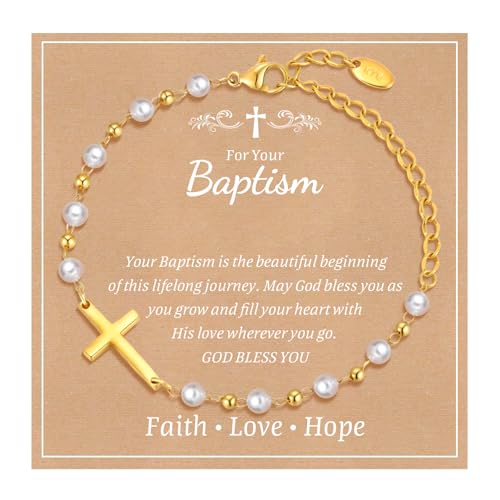 Baby Baptism Cross Bracelet Gift : 18k Gold Plated/Silver Delicate Pearl Cross Bracelets Kids Daughter Granddaughter Birthday First Communion Confirmation Gifts Christian Jewelry for Boys Girls - style: Gold - baptism gift