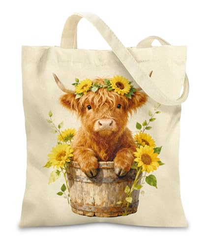 Women's Canvas Tote Bags with Inner Pockets & Metal Snap, Reusable Tote Bag for Girl's Vacation Travel Gym Shopping - color: Highland Cow