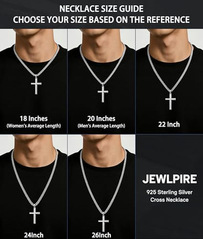 Jewlpire 925 Sterling Silver Cross Necklace for Men, 18k Gold Plated Sterling Silver Cross Necklace with 5mm Stainless Steel Cuban Link Chain for Men, 18 20 22 24 26 Inch - color: Silver Cross Pendant