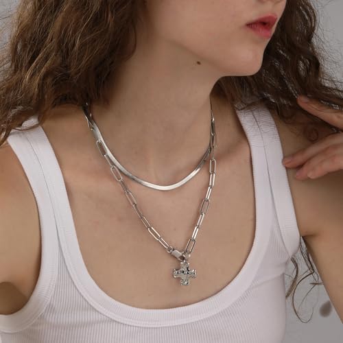 Bheop Chunky Cross Necklace for Women, 14K Gold Silver Statement Necklace - color: SL-2 PCS Set(0.8 inch Pendant)