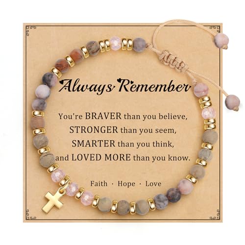 Cross Bracelets for Women Girls, Christian Gifts for Women Natural Stone Beaded Bracelets First Communion Confirmation Baptism Gifts Catholic Easter Christmas Inspirational Gift Jewelry - color: Zebra - Always Remember
