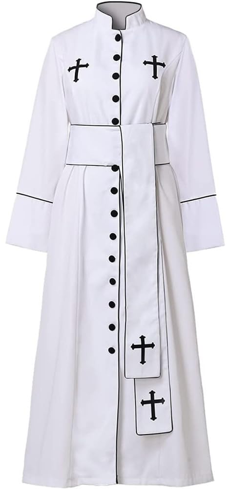 Mens Priest Costume Pastor Robe Roman Cassock Praise Worship Robes White/Black Clergy Robe Stole with Cross - color: White-2pcs, size: XX-Large