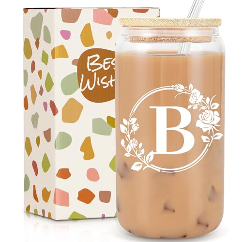 Birthday Gifts for Women, Monogrammed Initial Glass Cup Personalized Gifts for Women, 16oz Glass Cups with Lids and Straws, Iced Coffee Cup, Beer Can Shaped Glass - Gifts for Mothers Day, Christmas, B - style: B