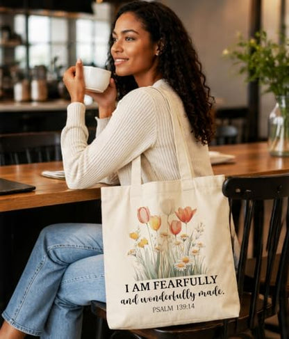 Christian Bible Verse Tote Bag for Women Faith Church - color: Fearfully