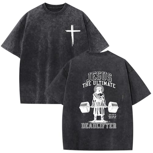 Mens Oversized Christian Shirts Jesus Faith Shirt Funny Gym Graphic Tees God Religious Bible Verse Acid Wash Tshirts - color: Black, size: X-Large