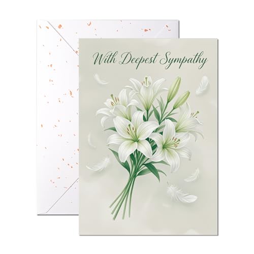 With Deepest Sympathy Card, Single Card – White Lily Bouquet and Feathers on Sage – 5x7 Religious Condolence Card With Envelope for Funeral, Bereavement and Loss - color: With Deepest Sympathy