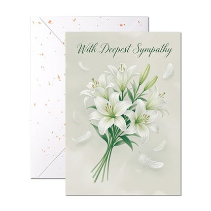 With Deepest Sympathy Card, Single Card – White Lily Bouquet and Feathers on Sage – 5x7 Religious Condolence Card With Envelope for Funeral, Bereavement and Loss - color: With Deepest Sympathy