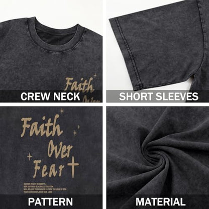 Christian Shirts for Men Faith Over Fear Acid Wash Tshirts Faith Religious Tees God Bible Verse Inspirational Tops - color: Black1, size: Small