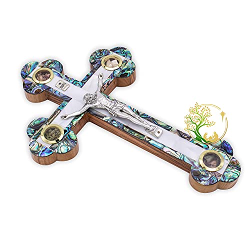 XLarge Handmade Mother of Pearl wall cross inlaid over Olivewood- Modern Religious Home wall décor - Unique Wooden crucifix for all occasions