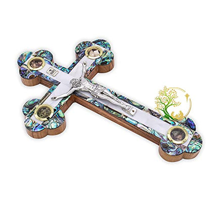 XLarge Handmade Mother of Pearl wall cross inlaid over Olivewood- Modern Religious Home wall décor - Unique Wooden crucifix for all occasions