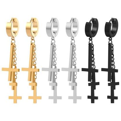 Cupimatch 3-6 Pairs Stainless Steel Cross Dangle Huggie Hinged Hoop Earrings for Men Women (1 Pair Silver Cross) for Mother's Day - color: double-cross-black