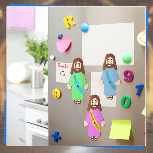 Blueweenly 24 Sets Sunday School Craft Wood Jesus Magnet Kit for DIY