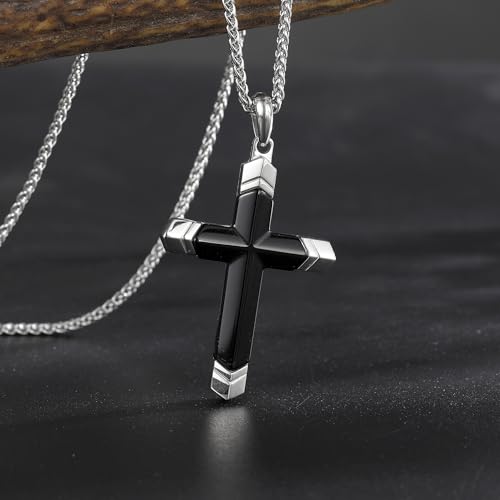 Lapis Lazuli/Amethyst Cross Necklace for Men Waterproof and Sweat-Resistant Suitable for both men and women With Adjustable Box Chain Christian Jewelry Father Day Gifts for Men - color: Black&Silver