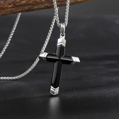 Lapis Lazuli/Amethyst Cross Necklace for Men Waterproof and Sweat-Resistant Suitable for both men and women With Adjustable Box Chain Christian Jewelry Father Day Gifts for Men - color: Black&Silver