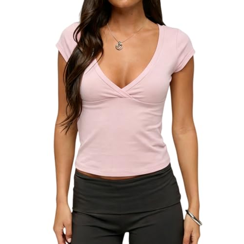 Women Deep V Neck Cross Wrap Top Cap Sleeve Slim Fit Basic Crop Tee - color: Pink, size: Small