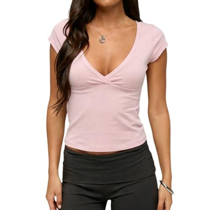 Women Deep V Neck Cross Wrap Top Cap Sleeve Slim Fit Basic Crop Tee - color: Pink, size: Small