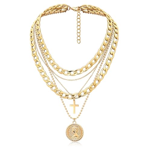 Gold Layered Necklaces for Women Chunky Choker Link Chain Trendy Retro Coin 14K Pendant Necklace Handmade Dainty Layering Poppy Lotus Rose Birth Flower Necklaces Gift
