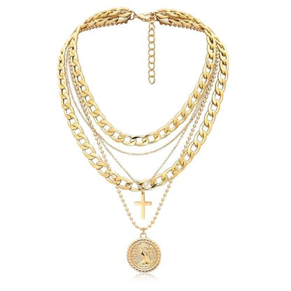 Gold Layered Necklaces for Women Chunky Choker Link Chain Trendy Retro Coin 14K Pendant Necklace Handmade Dainty Layering Poppy Lotus Rose Birth Flower Necklaces Gift