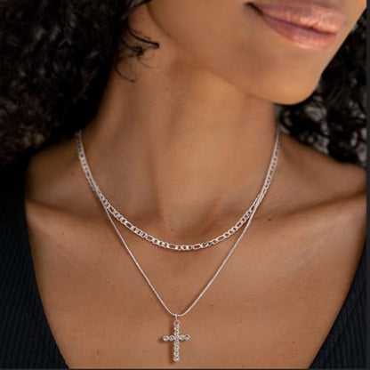 Sterling Silver Cross Necklace for Women Girls Dainty Gold Necklace Stack Non Tarnish Layered Necklaces CZ Cross Pendant Choker Figaro Box Chain Link Layering Stackable Necklaces Trendy Jewelry Gift - color: Sterling Silver