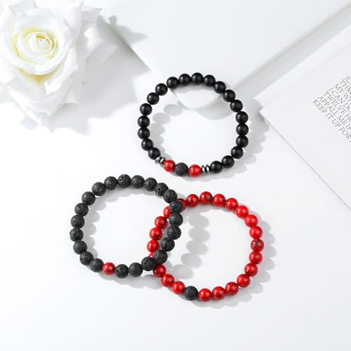 Mens Beaded Bracelets, 8MM Beaded Bracelets for Men, Natural Tiger Eye Bead Bracelet, Stretch Elastic Beads Bracelets for Men - color: 3 volcanic red turquoise black