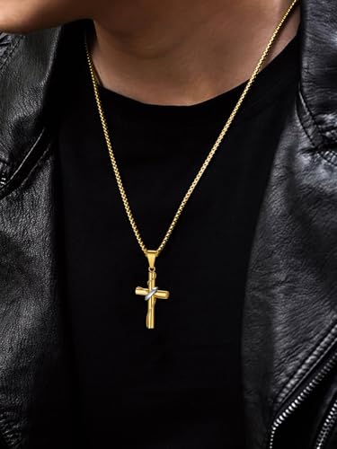 FaithHeart Stainless Steel Cross Necklace for Men, Silver/Black/Gold Cross Chains for Men Religious Amulet Necklaces Christian Gifts for Dad - style: Wrap Cross-Gold