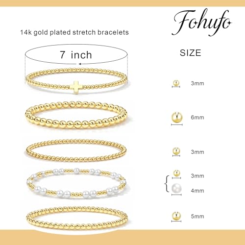 Gold Bracelets for Women Jewelry - Easter Basket Stuffers, Cross/Pearl/Beaded Bracelets Set, Dainty 14K Gold Plated Beaded Bracelets Stack, Birthday Easter Gifts for Women - color: 1Cross+3Bead+1Pearl