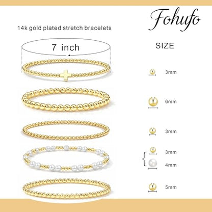 Gold Bracelets for Women Jewelry - Easter Basket Stuffers, Cross/Pearl/Beaded Bracelets Set, Dainty 14K Gold Plated Beaded Bracelets Stack, Birthday Easter Gifts for Women - color: 1Cross+3Bead+1Pearl