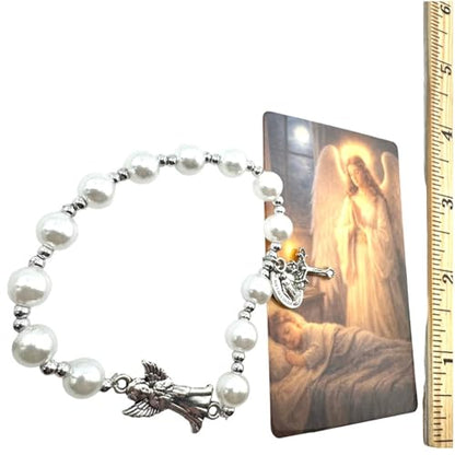 Westmon Works Guardian Angel Bracelet for Females Glass Bead Rosary Bracelet with Laminated Matching Holy Card Made in USA First Communion Gift