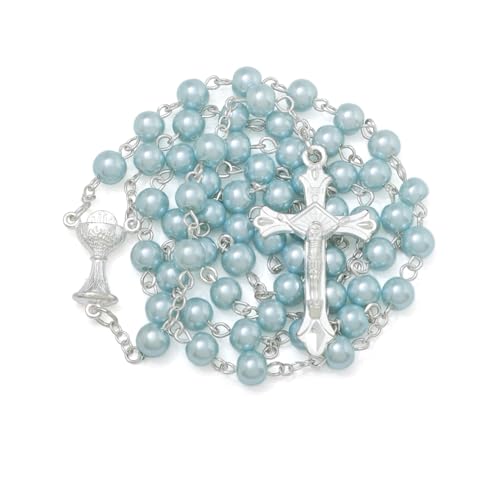 KOMI 6 MM Pearl Rosary Beads With Crucifix, Catholic Necklace for Women With Velvet Bag or Rosary Box - style: Rosary-6