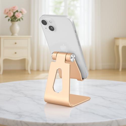 Adjustable Aluminum Alloy Cell Phone Stand, Tabletop Metal Phone Holder,Desktop Phone Dock,Smartphone Cradle,Gold - color: Gold