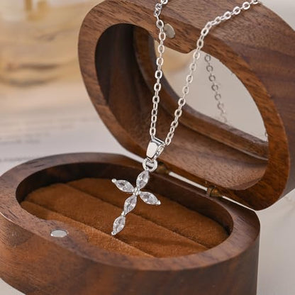 Cross Necklace for Women, Dainty 14K Gold Plated CZ Pendant - color: Silver-marquise cz cross