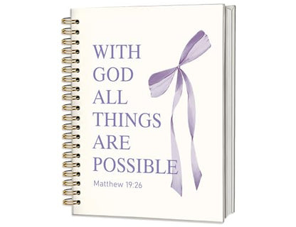 PurpleBible Journal for Women, A5 Spiral Christian Notebook & Study Supplies, Cute Hardcover Coquette Bow Diary with Scripture Matthew 19:26 for Church Notes, Prayer & Teen Girls.5.5 x 8.3 Inch - color: (Purple) Matthew 19:26