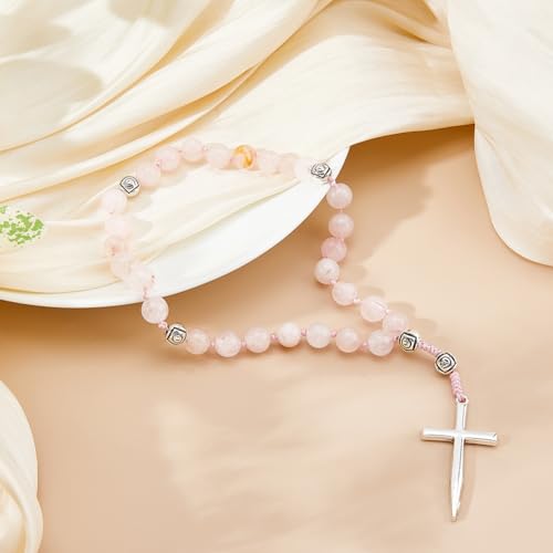SUPERFINDINGS Prayer Beads Rose Quartz Prayer Rosary Pink Natural Stone Rosary Beads with Cross 8mm Bead Anglican Rosaries for Catholic Christian Confirmation Gifts, Length:22.8cm/9in