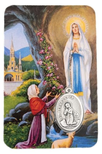 VILLAGE GIFT IMPORTERS Holy Prayer Card with Built-In Medal Pendant | Laminated Full-Color Prayer Card | Great Variety (Saint Bernadette and Our Lady of Lourdes Prayer Card and Medal) - color: Saint Bernadette and Our Lady of Lourdes Prayer Card and Medal