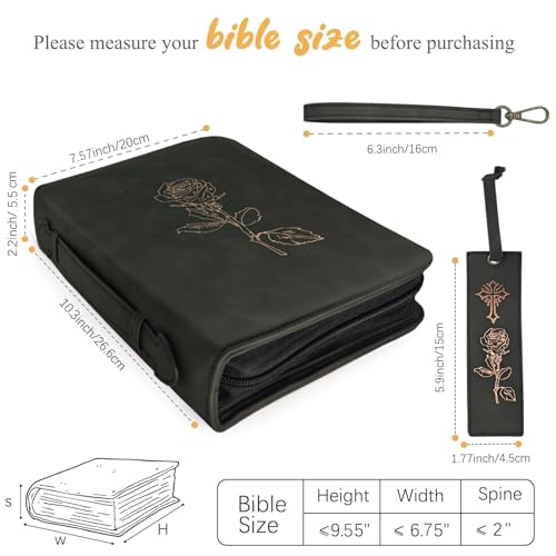 Bible Covers for Women & Men, Leather Bible Case with Rose Bookmark, Bible Supplies Carrying Bag Tote with Strap, Personalized Gift for Study, Journaling, Church-Black