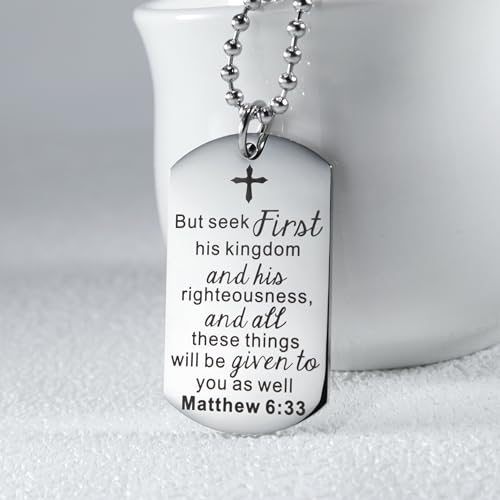 Christian Scripture Religious Dog Tag Necklace,Catholic Bible Verse Baptism Confirmation Sacrament Gifts - style: Matthew 6:33